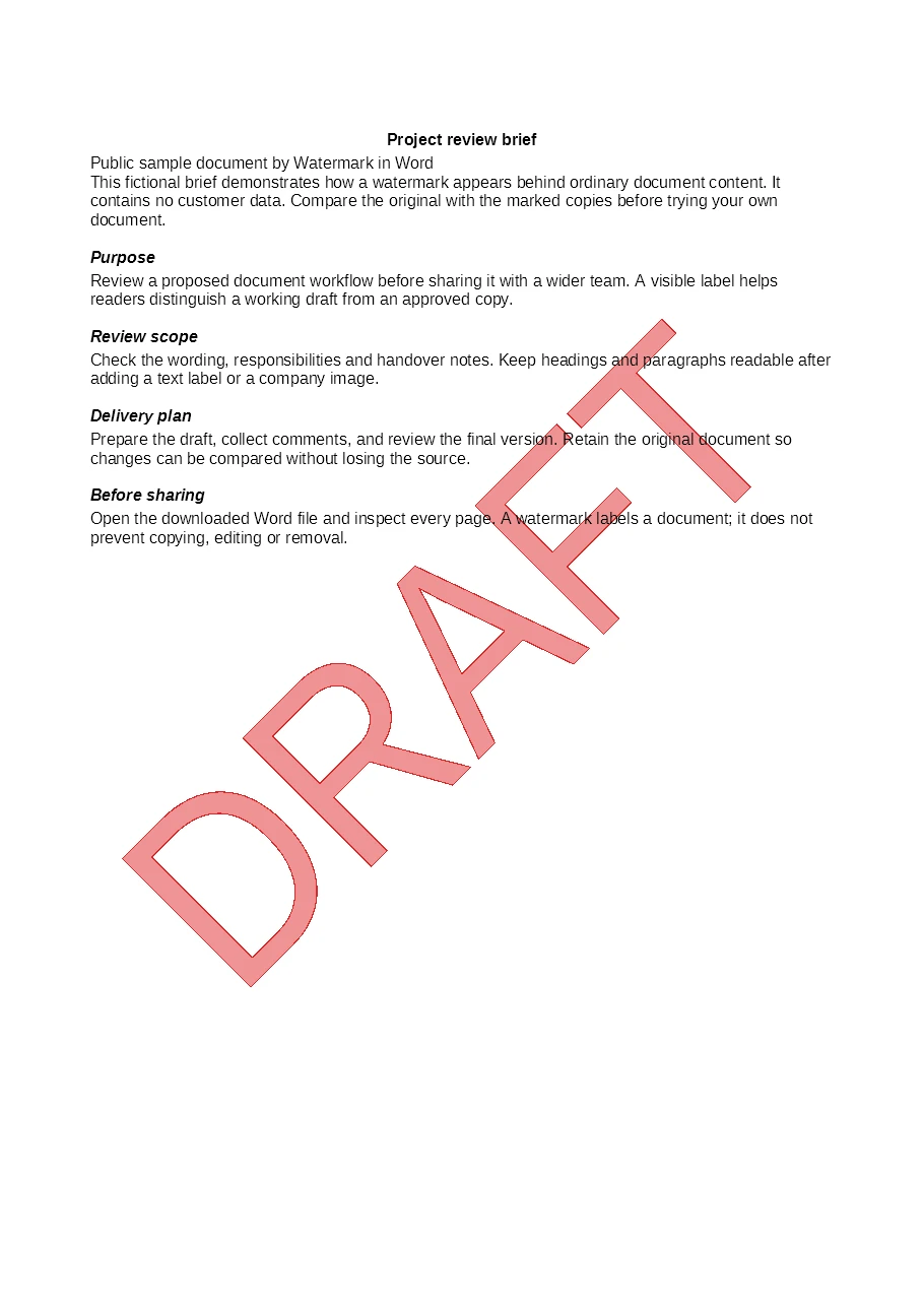 Converted Word review brief with a red diagonal DRAFT watermark