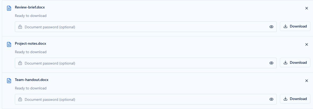 Three Word files successfully converted, each with its own Download action