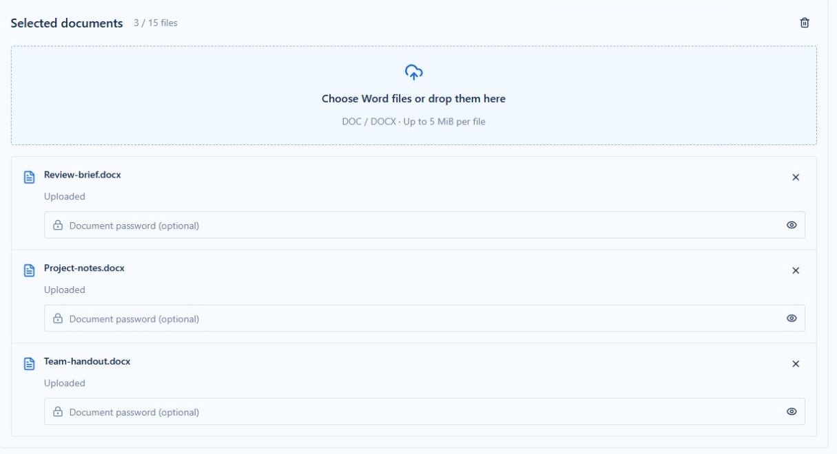 Batch upload area with three uploaded Word documents