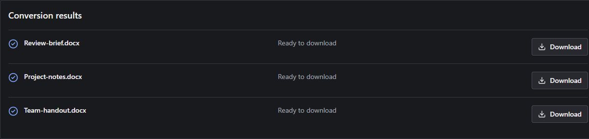 Three actual successful batch conversion results, each with an independent Download action