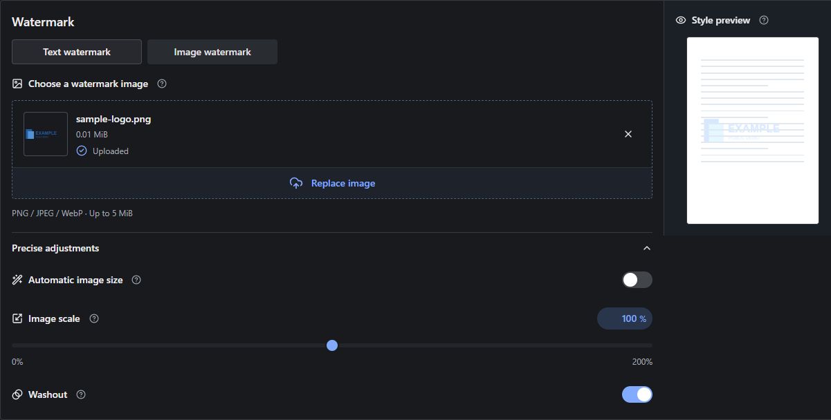 Uploaded example logo with automatic sizing disabled, a 100 percent scale control and Washout enabled