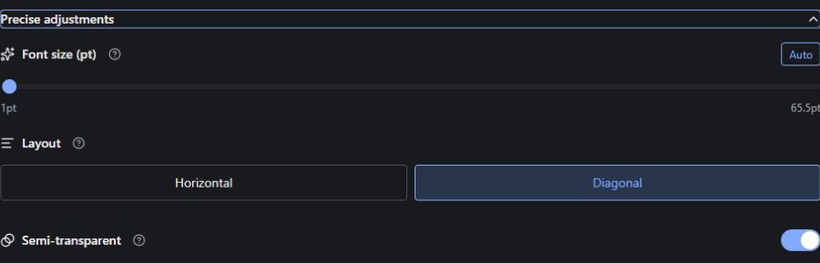 Expanded text controls showing Auto font size, Horizontal and Diagonal layout, and the Semi-transparent switch