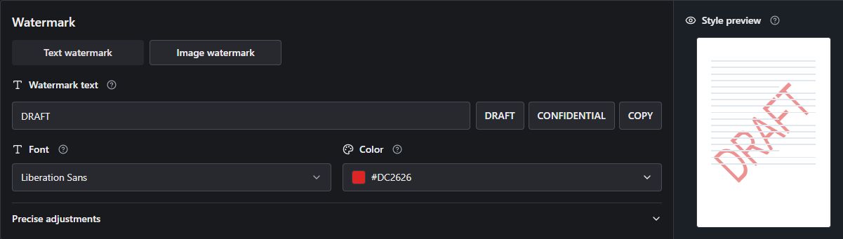 Batch text watermark controls with DRAFT, a searchable font selector, color and a sample style preview