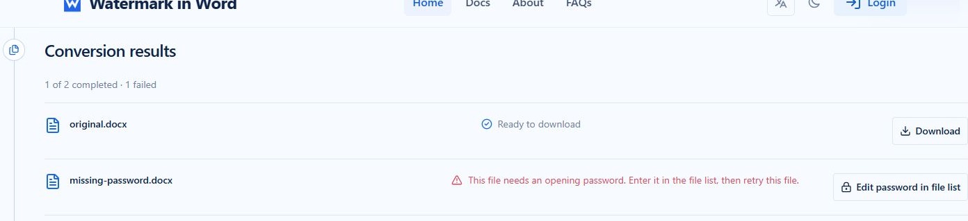 A successful document and a password-related failure from the same real conversion
