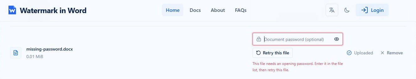 Password warning and Retry file action beside the encrypted document