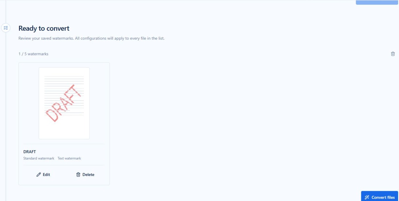 Saved DRAFT watermark with Edit, Delete and Convert files actions
