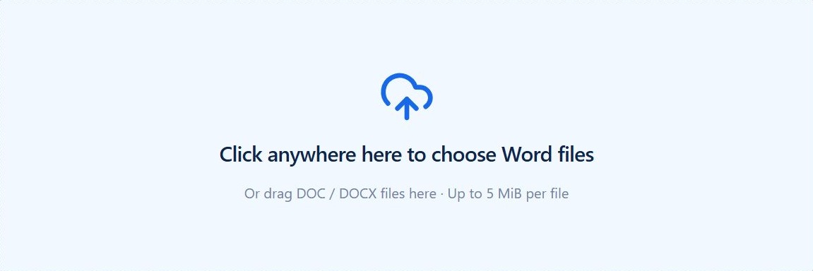 The clickable Word document upload area