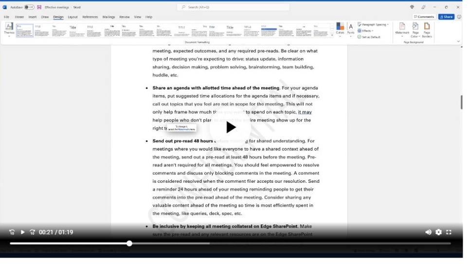 Microsoft Word Design ribbon in the official video