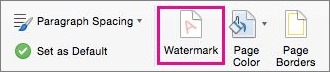 Microsoft's official Mac screenshot showing the Watermark command on the Design tab