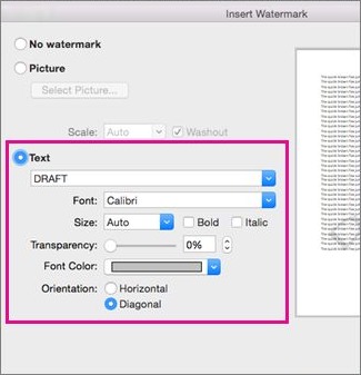 Microsoft's official Insert Watermark dialog for Mac