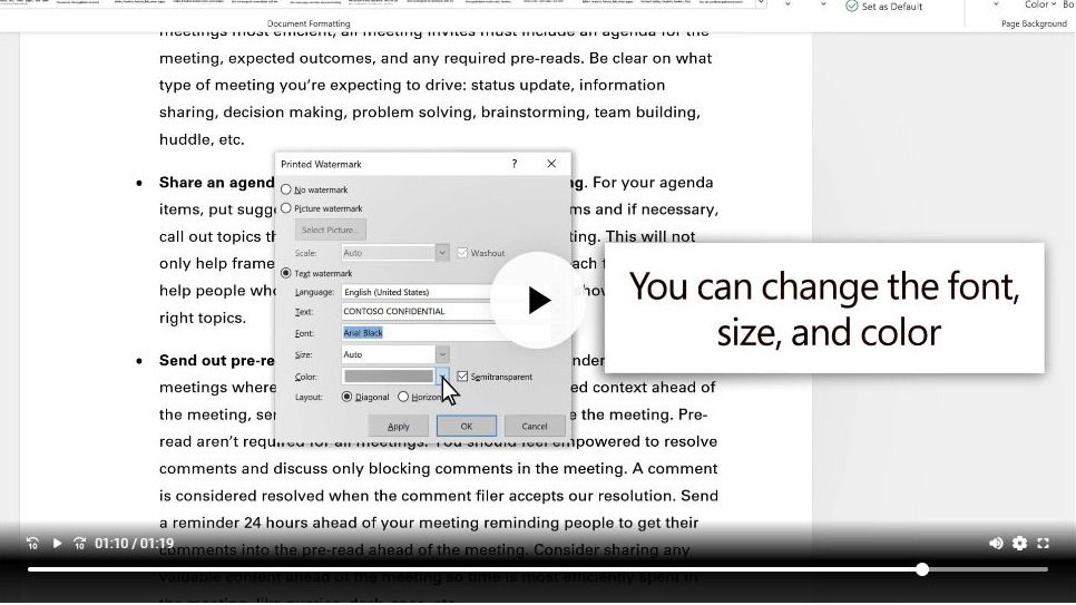 Text watermark options visible in Microsoft's real demonstration