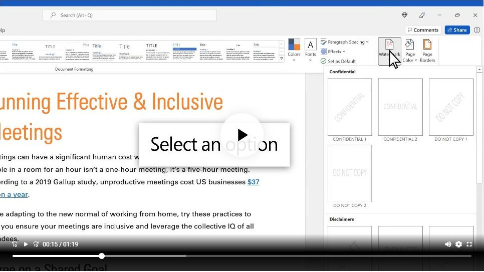 Microsoft Word watermark gallery from the video demonstration