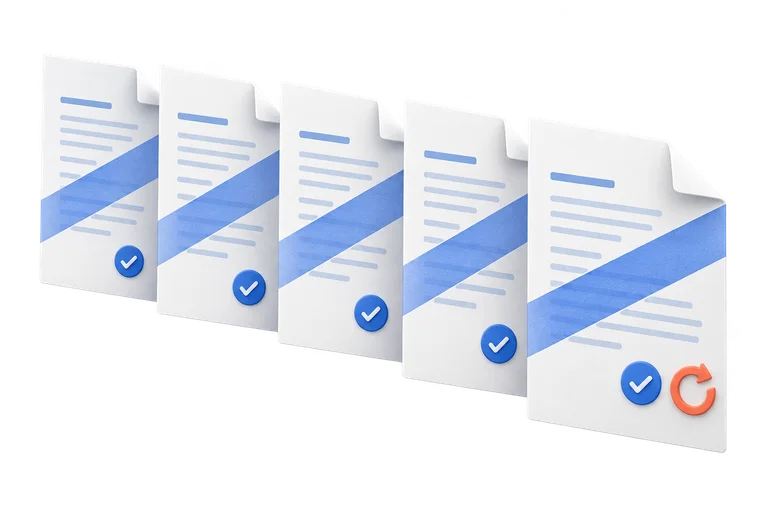 Five documents sharing one watermark, with separate completion and retry indicators.