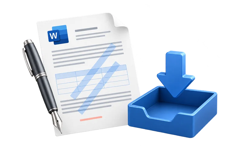 A watermarked document with a table, pen and download tray.