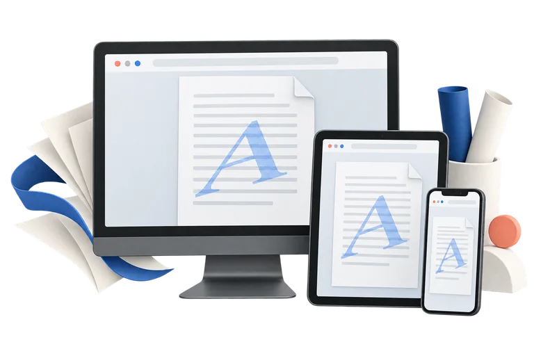 A document displayed on a desktop monitor, tablet and phone.