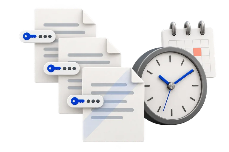 Separate document password fields beside a clock representing scheduled file handling.