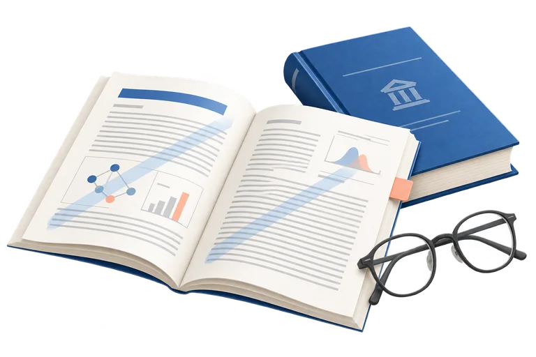 A research paper with a watermark, academic book and reading glasses.