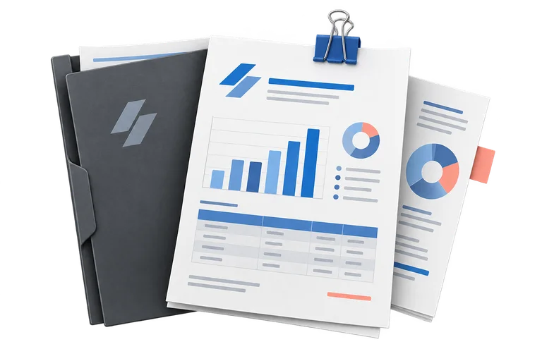 A business proposal with a logo watermark, chart and document folder.