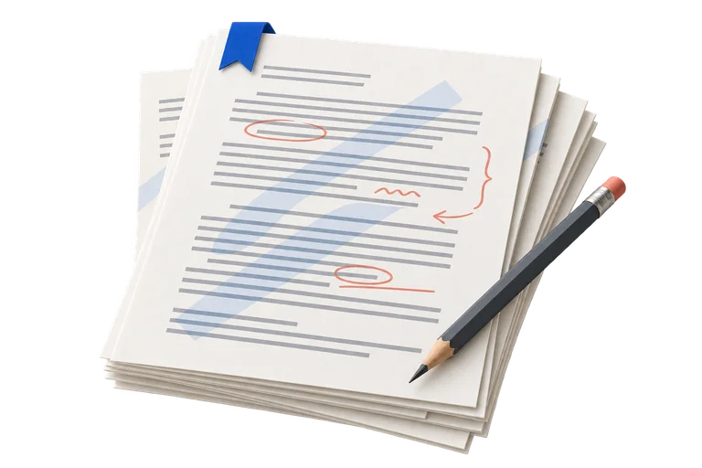 A manuscript with a watermark, margin annotations and an editing pencil.
